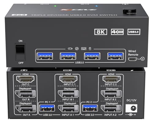 KVM Switch 2 PC 3 Monitore HDMI+2 Displayport 8K@60Hz 4K@144Hz, MLEEDA Triple Monitor KVM Switch für 2 PC Teilen 3 Monitors und 4 USB3.0-Geräte, mit 12V Netzteil,Verdrahtet Fernbedienung und 5 Kabel von MLEEDA