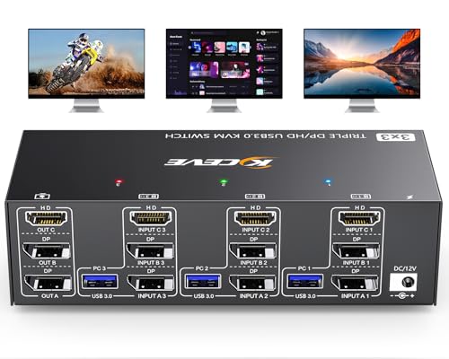 KVM Switch 3 PC 3 Monitore 8K@60Hz,MLEEDA HDMI Displayport KVM Switch Triple Monitor für 3 PC Teilen 3 Monitors und 4 USB3.0-Geräte, mit 12V DC Netzteil,Verdrahtet Fernbedienung und 3 USB-Kabel von MLEEDA