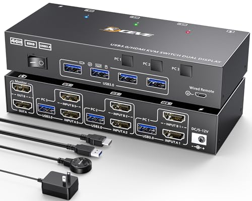 USB 3.0 HDMI KVM Switch 3 PC 2 Monitore 4K@60Hz 2K@144Hz, Simulation EDID, MLEEDA 3 PC 2 Monitor Switch mit 4 USB 3.0 Ports für Tastatur Maus, Kabelfernbedienung und Kabel Inbegriffen von MLEEDA