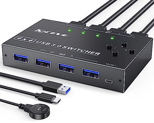USB 3.0 Switch 4 PC,MLEEDA USB Switch 4 In 4 Out,USB KVM Umschalter für Tastatur Maus Drucker,mit kabelgebundener Fernbedienung und 4 USB 3.0-Kabel von MLEEDA