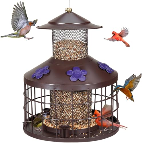 Eichhörnchensichere Vogelfutterstation – 1,9 kg rotes Metall, einziehbar, hängende Vogelfutterstation mit 3 Wasserbechern, einfaches Top-Fill-Design für Gartenvogelbeobachtung (schwarz) von MLEPXBO