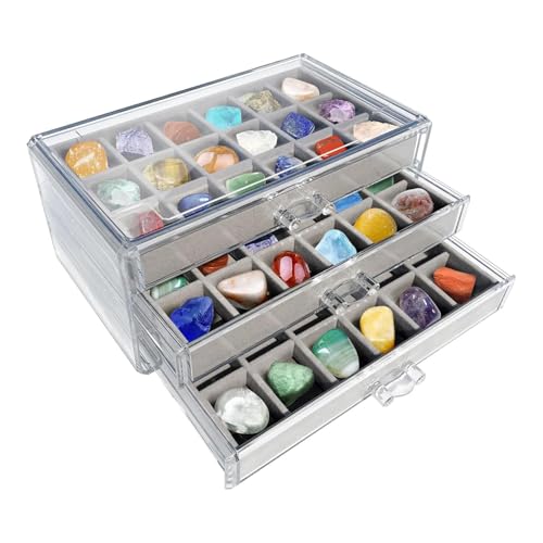 MLHDZ Vitrine aus transparentem Acryl mit 54 Fächern, 3-lagige Felsen und Muschel-Box, Premium-Edelstein-Aufbewahrungsvitrine (Grau) von MLHDZ