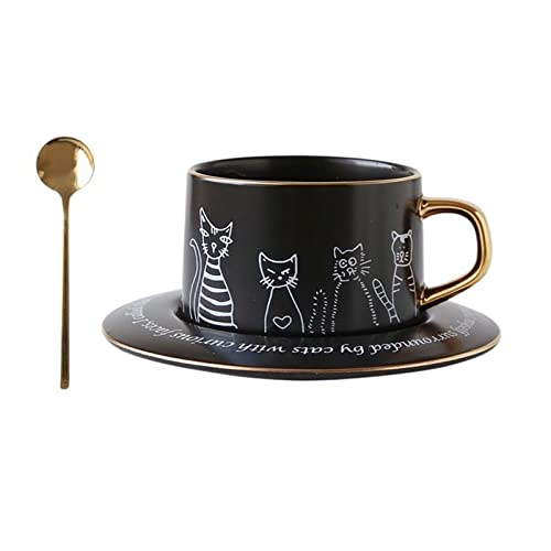 Tasse Kaffeetasse Kaffeetassen 250 ml Exquisites Kaffeetassen-Set mit Untertasse Home English Afternoon Tea Set Milk Cup Latte Cup Ceramic Cup with Spoon Mug Set (Color : Noir) (Farbe : Noir) von MLIMAR