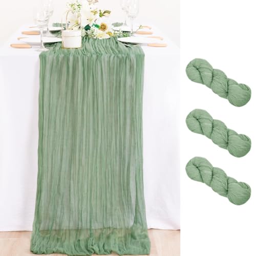 MLMC Seihtuch-Tischläufer, rustikaler Gaze-Käsetuch, Tischläufer für Sommer, Boho, Hochzeit, Brautparty, Tafelaufsatz, 3 m, Salbeigrün, 3 Stück von MLMC