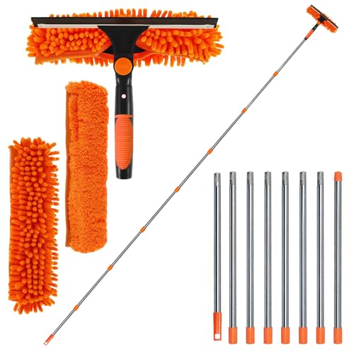 MLOQI 3,26m Teleskop Fensterwischer Abzieher Set, 2 in 1 Teleskopstange Fensterreinigung ür Innen und Außen Hohe Fenster Autoglas (Orange) von MLOQI