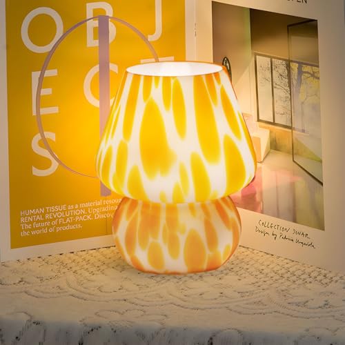MLOQI Pilz Tischlampe für Wohnzimmer Schlafzimmer Lichter Glas Nachttile mit einer 3 -Farb -Glühbirne, Nachtlicht,Nachttischlampe Geschenke für Freunde Mini Lampe (Orange) von MLOQI