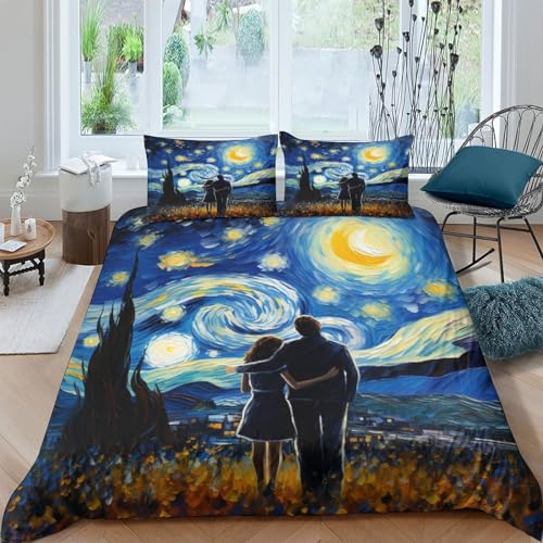 MLPNHTRFV Van Gogh Starry Night 3D Gedruckter Valentinstag Für Kinder Mädchen Jungen Bettwäschegarnitur Bettbezug Set Reissverschluss Bettwäsche Weich Microfaser Und Kissenbezüge 2 Teilig von MLPNHTRFV