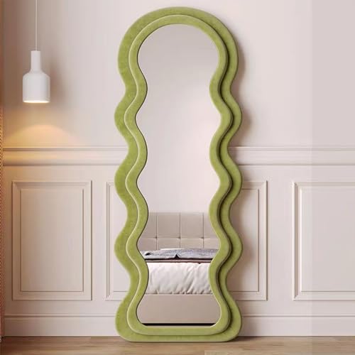 MLQZF Gewellter Standspiegel Ganzkörper, Unregelmäßig Gewellt Spiegel, mit Flanell umwickelter Holzrahmenspiegel, Spiegel Groß, für Ankleidezimmer Schlafzimmer Wohnzimmer,Grün,170 * 70cm von MLQZF