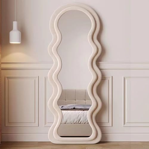 MLQZF Gewellter Standspiegel Ganzkörper, Unregelmäßig Gewellt Spiegel, mit Flanell umwickelter Holzrahmenspiegel, Spiegel Groß, für Ankleidezimmer Schlafzimmer Wohnzimmer,Off White,160 * 60cm von MLQZF