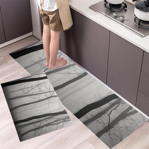 Äste Und Stämme Küchenteppiche 2er Set - Bequeme und Rutschfestes Küchenmatten Waschbare Nebelwald Matten und Teppiche für Flur, Esszimmer, Grau 43x75cm+43x150cm von MLSOWM