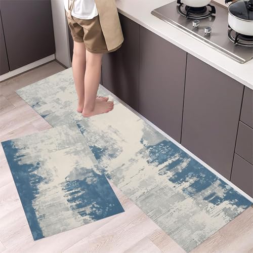 Abstrakte Stadtgebäude Küchenteppiche 2er Set - Bequeme und Rutschfestes Küchenmatten Waschbare Beton Matten und Teppiche für Flur, Esszimmer und Eingangsbereich, Blaugrau 40x60cm+40x120cm von MLSOWM