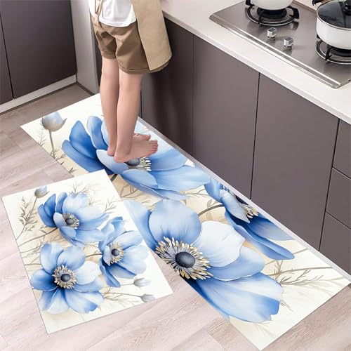 Anemone Küchenteppich Set 2 Stück rutschfeste, Blumen-Aquarellmalerei Waschbare Küchen Matten Teppiche Set,für Flur Läufer, Esszimmer, Eingang Türmatte 43x75cm+43x150cm Himmelblau von MLSOWM