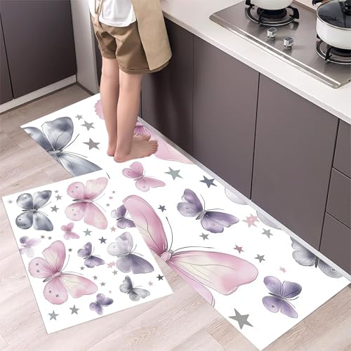Aquarell Schmetterling Küchenteppiche 2er Set - Bequeme und Rutschfestes Küchenmatten Waschbare Clipart-Aufkleber Matten und Teppiche für Flur, Esszimmer, Rosa 44x75cm+44x150cm von MLSOWM