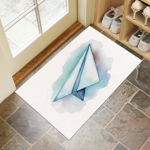 Aquarellpapierflieger Fußmatte Innen 50 x 80 cm, Kinder-Clipart Waschbar Eingangsteppich, Schmutzfangmatte rutschfest, Türmatte Teppich für Eingang, Haustür, Flur, Küche, Schlafzimmer - Hellblau von MLSOWM