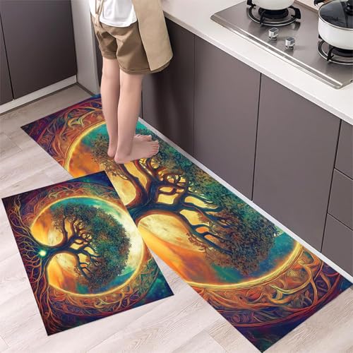 Baum des Lebens Küchenteppich Set 2 Stück rutschfeste, Verzierter Mandala-Rahmen Waschbare Küchen Matten Teppiche Set,für Flur Läufer, Esszimmer, Eingang Türmatte 44x75cm+44x150cm Grün Baum des Lebens Küchenteppich Set 2 Stück rutschfeste, Verzierter Mandala-Rahmen Waschbare Küchen Matten Teppiche Set,für Flur Läufer, Esszimmer, Eingang Türmatte 44x75cm+44x150cm Grün von MLSOWM