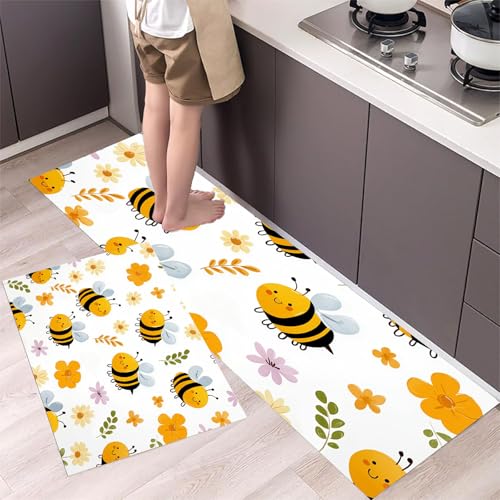 Bienen und Blumen Küchenteppiche 2er Set - Bequeme Rutschfestes Küchenmatten Waschbare Cartoon-Stil Matten Teppiche für Flur, Esszimmer Eingangsbereich, Gelb 40x60cm+40x120cm Bienen und Blumen Küchenteppiche 2er Set - Bequeme Rutschfestes Küchenmatten Waschbare Cartoon-Stil Matten Teppiche für Flur, Esszimmer Eingangsbereich, Gelb 40x60cm+40x120cm von MLSOWM