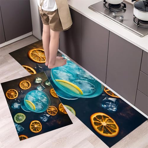 Blauer Cocktail Küchenteppiche 2er Set - Bequeme und Rutschfestes Küchenmatten Waschbare Eiswürfel und Zitronenscheiben Matten und Teppiche für Flur, Esszimmer, Braun 43x75cm+43x150cm Blauer Cocktail Küchenteppiche 2er Set - Bequeme und Rutschfestes Küchenmatten Waschbare Eiswürfel und Zitronenscheiben Matten und Teppiche für Flur, Esszimmer, Braun 43x75cm+43x150cm von MLSOWM