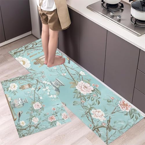 Blumen, Pflanzen Und Vögel Küchenteppiche 2er Set - Bequeme und Rutschfestes Küchenmatten Waschbare Antike Gemälde Matten und Teppiche für Flur, Esszimmer, Blaugrün 43x75cm+43x150cm Blumen, Pflanzen Und Vögel Küchenteppiche 2er Set - Bequeme und Rutschfestes Küchenmatten Waschbare Antike Gemälde Matten und Teppiche für Flur, Esszimmer, Blaugrün 43x75cm+43x150cm von MLSOWM