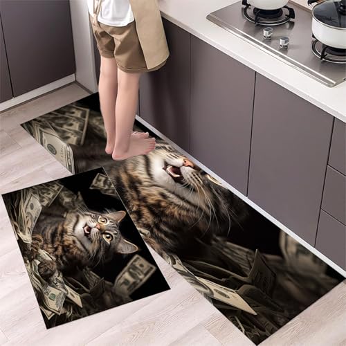 Dollar und Katze Küchenteppiche 2er Set - Bequeme und Rutschfestes Küchenmatten Waschbare Realistische Fotografie Matten und Teppiche für Flur, Esszimmer, Schwarz 40x60cm+40x120cm Dollar und Katze Küchenteppiche 2er Set - Bequeme und Rutschfestes Küchenmatten Waschbare Realistische Fotografie Matten und Teppiche für Flur, Esszimmer, Schwarz 40x60cm+40x120cm von MLSOWM