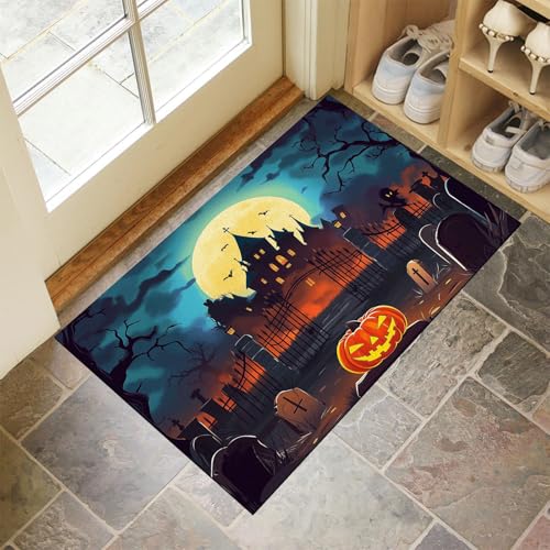 Dünn Fussmatte Innen 60 x 120 cm, Schmutzfangmatte Halloween-Friedhof Rutschfest Teppiche Spukhaus Und Grabsteine Waschbarer Fußmatte Haustür Eingangsmatte für Flur Eingangsbereich Küche, Blaugrün von MLSOWM