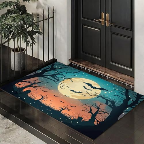 Dünn Fussmatte Innen 80 x 120 cm, Schmutzfangmatte Halloween-Nachthimmel Rutschfest Teppiche Alte Bäume Friedhof Waschbarer Fußmatte Haustür Eingangsmatte für Flur Eingangsbereich Küche, Blaugrün von MLSOWM