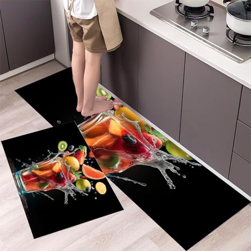 Früchtetee Küchenteppiche 2er Set - Bequeme und Rutschfestes Küchenmatten Waschbare Frisches Obst Matten und Teppiche für Flur, Esszimmer, Schwarz 40x60cm+40x120cm von MLSOWM