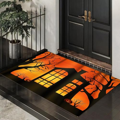 Fußmatte 50 x 80 cm - rutschfeste Schmutzfangmatte - Fußabtreter mit Halloween Spukhaus - Fußmatten Haustür - Türmatte Baumsilhouetten - Fußmatte innen/außen - Fußabstreifer Orange Fußmatte 50 x 80 cm - rutschfeste Schmutzfangmatte - Fußabtreter mit Halloween Spukhaus - Fußmatten Haustür - Türmatte Baumsilhouetten - Fußmatte innen/außen - Fußabstreifer Orange von MLSOWM