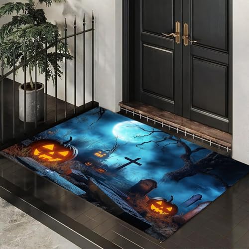 Fußmatte 60 x 90 cm - Rutschfeste Schmutzfangmatte - Fußabtreter mit Halloween-Nachtszene - Fußmatten Haustür - Türmatte Jack-O'-Lantern-Friedhof - Fußmatte innen/außen - Fußabstreifer Blaugrün Fußmatte 60 x 90 cm - Rutschfeste Schmutzfangmatte - Fußabtreter mit Halloween-Nachtszene - Fußmatten Haustür - Türmatte Jack-O'-Lantern-Friedhof - Fußmatte innen/außen - Fußabstreifer Blaugrün von MLSOWM