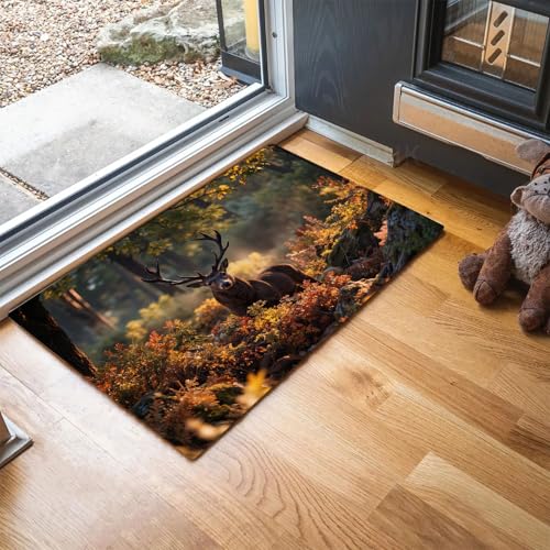 Fußmatte Englischer Herbstwald, Sauberlaufmatte Majestätischer Rothirsch, Rutschfester Türmatte Innen 90 x 150 cm, Waschbar Fussmatte, pflegeleicht robust Fußabtreter für Haustür, Eingang - Grün von MLSOWM