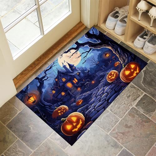 Fußmatte Halloween-Nacht 80 x 120 cm Innen Außen Waschbar Fussmatte Spukhäuser Gruselige Bäume Wasserdicht Türmatte Rutschfester Schmutzfänger Teppich für Eingang, Haustür, Patio, Flur - Dunkelblau Fußmatte Halloween-Nacht 80 x 120 cm Innen Außen Waschbar Fussmatte Spukhäuser Gruselige Bäume Wasserdicht Türmatte Rutschfester Schmutzfänger Teppich für Eingang, Haustür, Patio, Flur - Dunkelblau von MLSOWM