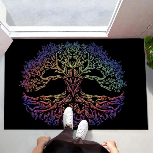 Fußmatte Innen Waschbar 60x120 cm, rutschfest Reflexion Der Baumwurzeln Fussmatte Baum Des Lebens Dünn Schmutzfangmatte Türmatte Außen, Saugstarke Eingangsteppich für Haustür, Patio, Flur - Blau-Lila von MLSOWM