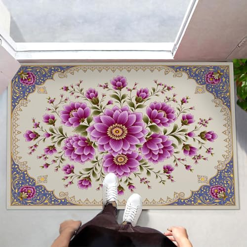 Fußmatte Innen & Außen 40x60 cm Retro-Blumen Waschbare Fußabtreter Mogul-Stil Schmutzfangmatte Rutschfester Fussabtreter Dünne Fußmatte für Flur, Eingang, Tür, Lila von MLSOWM