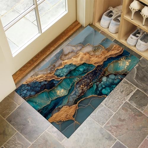 Fußmatte Innen & Außen 50x80 cm Alkoholtintenmalerei Waschbare Fußabtreter Abstrakter Marmor Schmutzfangmatte Rutschfester Fussabtreter Dünne Fußmatte für Flur, Eingang, Tür, Blaugrün von MLSOWM