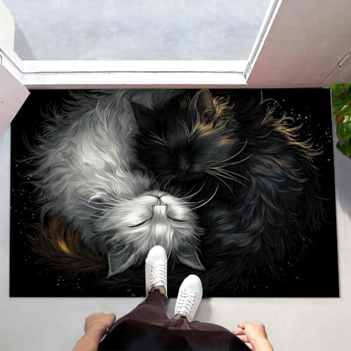 Fußmatte Innen & Außen 60x90 cm Schwarz-Weißes Katzen-Yin-Yang-Diagramm Waschbare Fußabtreter Cartoon-Stil Schmutzfangmatte Rutschfester Fussabtreter Dünne Fußmatte für Flur, Eingang, Tür, Schwarz von MLSOWM