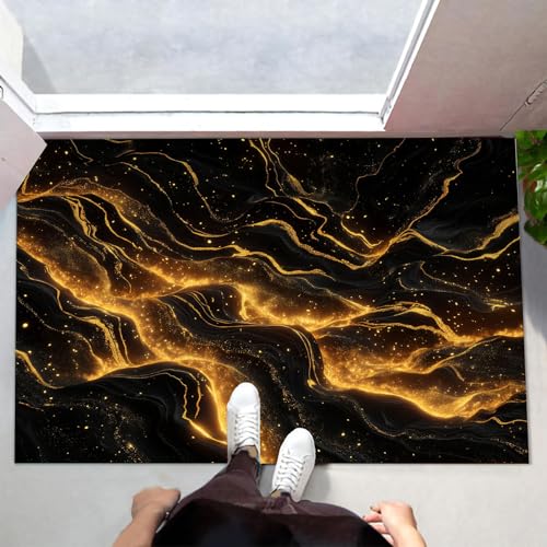 Fußmatte Innen & Außen 90x150 cm Lava Waschbare Fußabtreter Abstrakter Marmor Schmutzfangmatte Rutschfester Fussabtreter Dünne Fußmatte für Flur, Eingang, Tür, Orange Farbe von MLSOWM