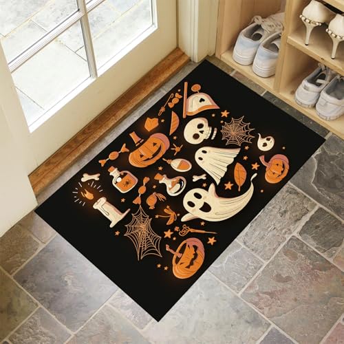 Fußmatte Vintage-Plakatkunst 40 x 60 cm Innen und Außen, Waschbar Fussmatt Fledermäuse, Spinnennetze und Geister Rutschfester Schmutzfänger Teppich für Eingang Haustür Patio Flur Garten, Schwarz von MLSOWM