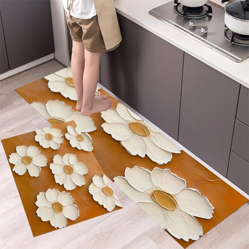 Gänseblümchen Küchenteppiche 2er Set - Bequeme und Rutschfestes Küchenmatten Waschbare Lacktextur Matten und Teppiche für Flur, Esszimmer, Braun 43x75cm+43x120cm von MLSOWM