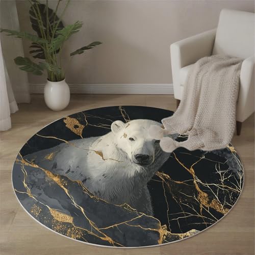 Gebrochener Marmor Teppich Rund, 200 cm Kurzflor Waschbar Rutschfester Eisbären Teppiche Wohnzimmerteppich Flauschig Weich Runder Teppich für Schlafzimmer, Wohnzimmer, Schwarz von MLSOWM