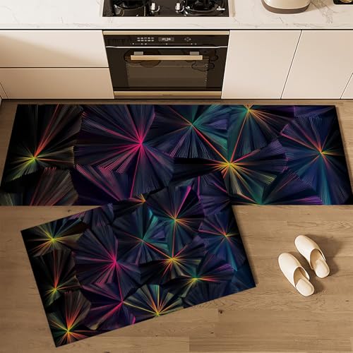 Geometrische Polygone Küchenläufer 2 Stück, Küchenteppich Neonlinien Waschbar Rutschfest Teppich Küche mit Gummirücken Küchenmatte für Esszimmer, Küche, Läufer Flur(43x75cm+43x150cm, Dunkelblau) von MLSOWM