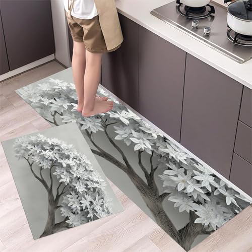 Gewölbter Baum Küchenteppich Set 2 Stück rutschfeste, Realistischer Stil Waschbare Küchen Matten und Teppiche Set,für Flur Läufer, Esszimmer, Eingang und Türmatte 44x75cm+44x150cm Hellgrau Gewölbter Baum Küchenteppich Set 2 Stück rutschfeste, Realistischer Stil Waschbare Küchen Matten und Teppiche Set,für Flur Läufer, Esszimmer, Eingang und Türmatte 44x75cm+44x150cm Hellgrau von MLSOWM