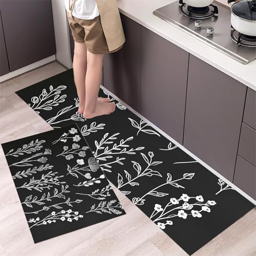 Graffiti Wildblumen Küchenteppich Set 2 Stück rutschfeste, Strichzeichnungen Waschbare Küchen Matten Teppiche Set,für Flur Läufer, Esszimmer, Eingang Türmatte 40x60cm+40x120cm Schwarz von MLSOWM