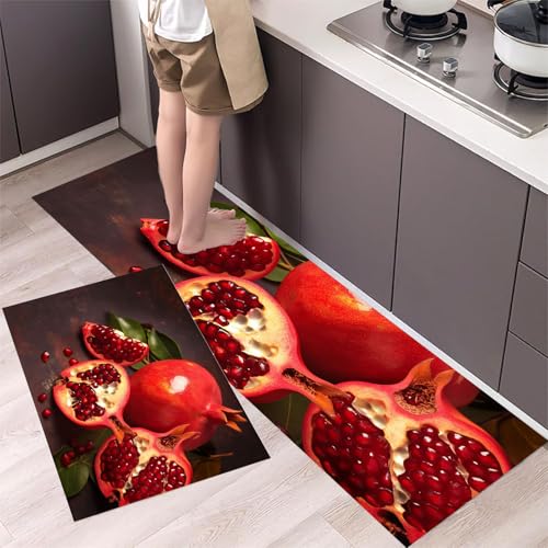 Granatapfel Küchenteppich Set 2 Stück rutschfeste, Obst-Aquarellmalerei Waschbare Küchen Matten Teppiche Set,für Flur Läufer, Esszimmer, Eingang Türmatte 43x75cm+43x120cm Rot von MLSOWM