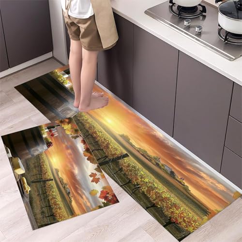 Italienische Weinberge Küchenteppich Set 2 Stück rutschfeste, Ländliche Felder Waschbare Küchen Matten Teppiche Set,für Flur Läufer, Esszimmer, Eingang Türmatte 40x60cm+40x120cm Grün von MLSOWM
