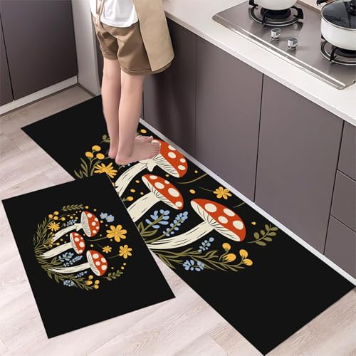 Küchenläufer Kreisförmiges Logo – Küchenteppich mit Pilze Und Wildblumen Teppichläufer rutschfest Pflegeleicht Teppich Läufer für Küche, Flur, Eingangsbereich, Esszimmer 40x60cm+40x120cm Schwarz von MLSOWM