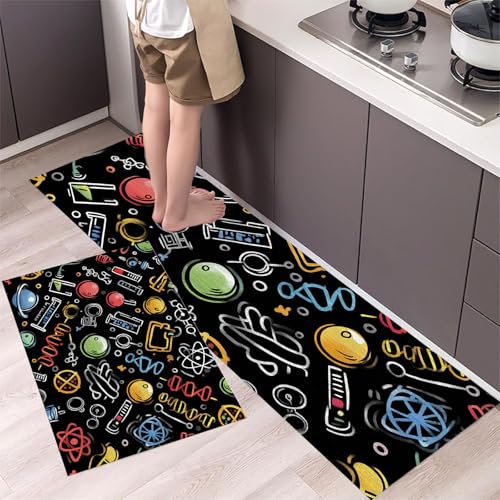 Küchenläufer Wissenschaftliche – Küchenteppich mit Reagenzglas und Atomsymbol Teppichläufer rutschfest Pflegeleicht Teppich Läufer für Küche, Flur, Eingangsbereich, Esszimmer 40x60cm+40x120cm Schwarz von MLSOWM