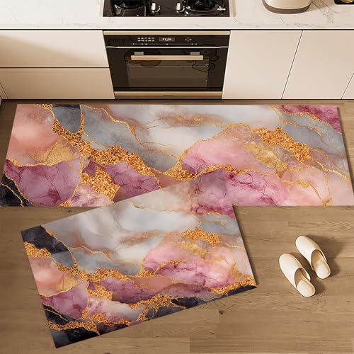 Küchenläufer rutschfest 2 Stück, Küchenteppich Abstrakter Marmor Waschbar Küchenmatten Goldfolien-Steinmuster, Teppich Läufer Flur für Küche, Terrasse & Wohnraum, 43x75cm+43x150cm Rosa Küchenläufer rutschfest 2 Stück, Küchenteppich Abstrakter Marmor Waschbar Küchenmatten Goldfolien-Steinmuster, Teppich Läufer Flur für Küche, Terrasse & Wohnraum, 43x75cm+43x150cm Rosa von MLSOWM