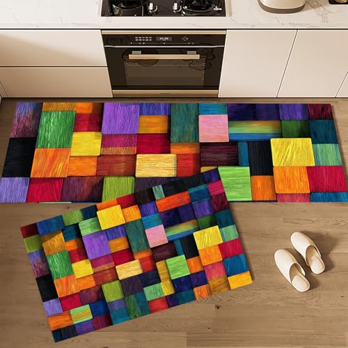 Küchenteppich 2 Stück, Teppich Küche Farbige Holzblöcke Waschbar Rutschfest, Küchenläufer Abstrakte Handzeichnung, Teppichläufer Teppich Läufer für Küche, Wohnraum (40x60cm+40x120cm, Mehrfarbig) von MLSOWM