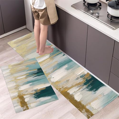 Küchenteppich 2 Stück Rutschfester Küchenläufer Vertikale Linien Flur Läuferset Horizontale Streifen abstrakte Malerei Waschbare Küchenmatten-Sets für Küchenflur Esszimmer, Türkis, 44x75cm+44x150cm von MLSOWM