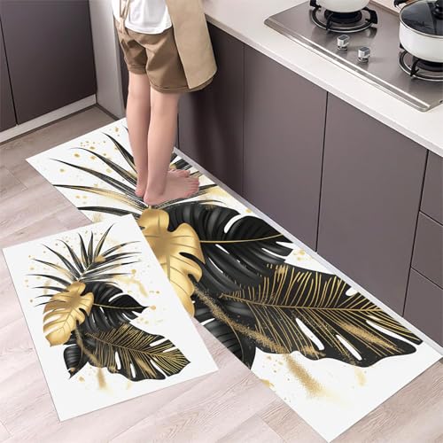 Küchenteppich Goldene Monstera-Blätter 2 Stück, Teppich Küche Waschbar Rutschfest, Küchenläufer Moderne Kunst Teppichläufer Flur, Teppich Läufer für Küche, Flur (40x60cm+40x120cm, Schwarz und Weiß) von MLSOWM