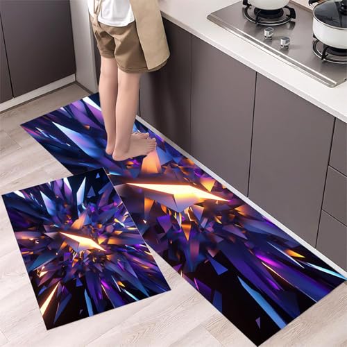 Küchenteppiche Explosionsgeometrie 2 Stück, Rutschfestes Küchenmatten Abstrakte Kristalle, Küche Matten Fußmatte Teppich Set für Küche, Flur, Esszimmer (43x75cm+43x150cm, Lila) von MLSOWM
